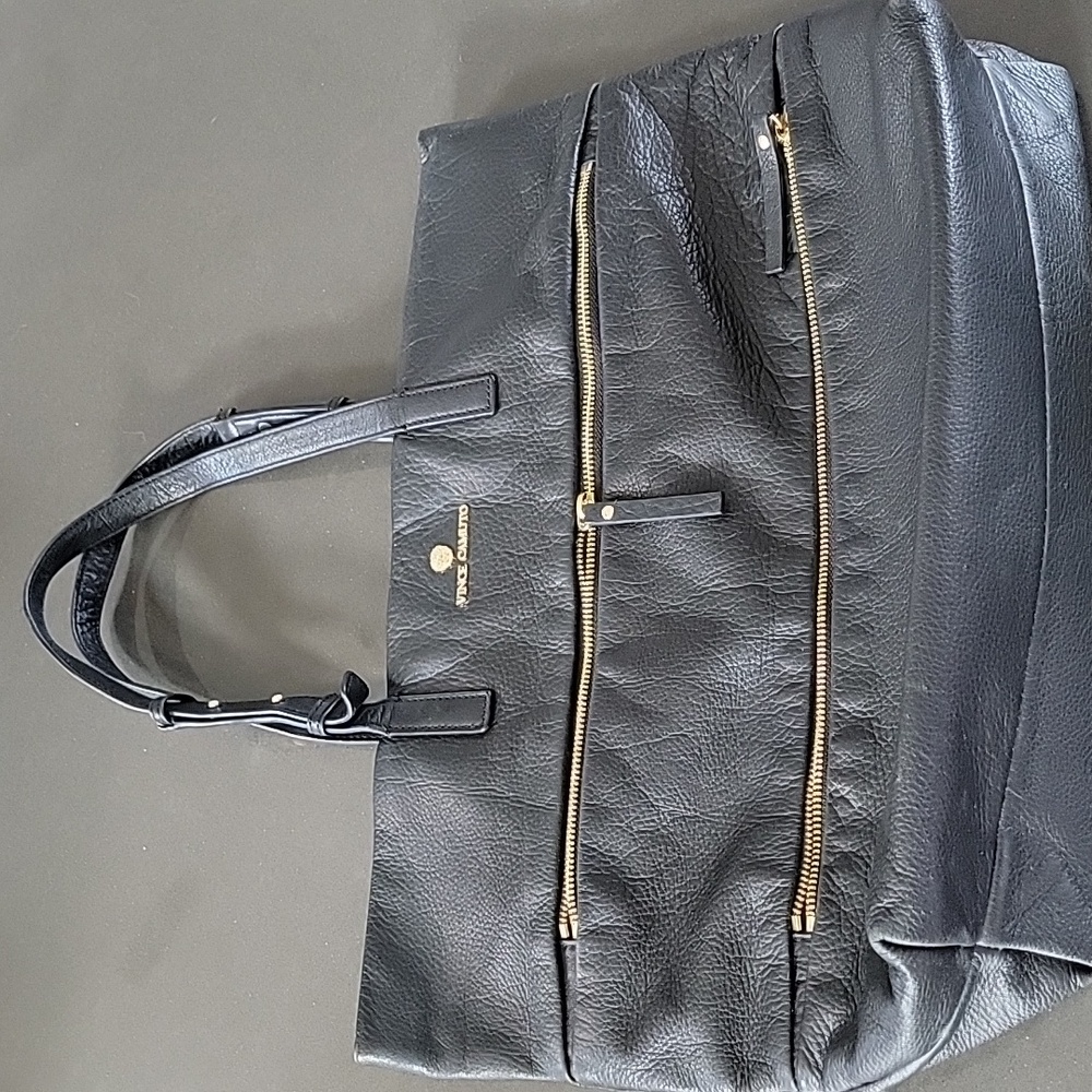 Vince Camuto "Meg" Black Pebbled Leather Tote with Gold Accents